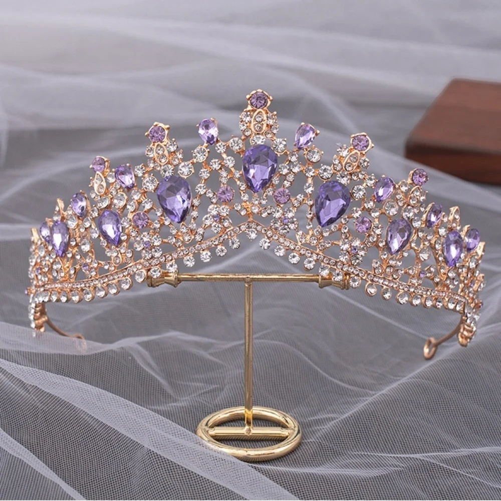 Purple Tiara, Gold Crown Headband, Crystal Rhinestone Hair Jewelry, Bridal crown